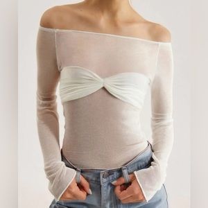White Long Sleeve See Through Off Shoulder Mesh Shirt